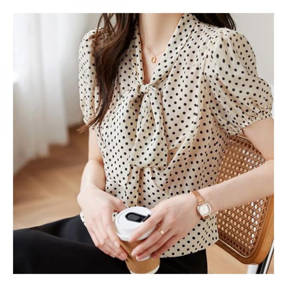Navava Women Vintage Dot Pattern Ribbon Neck Short Sleeve Blouse Nb1486