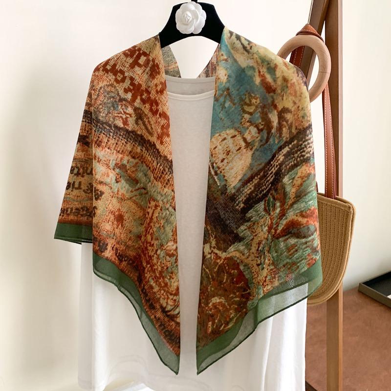 [Variety sunscreen shawl retro printed square scarf women's summer silk cotton silk scarf