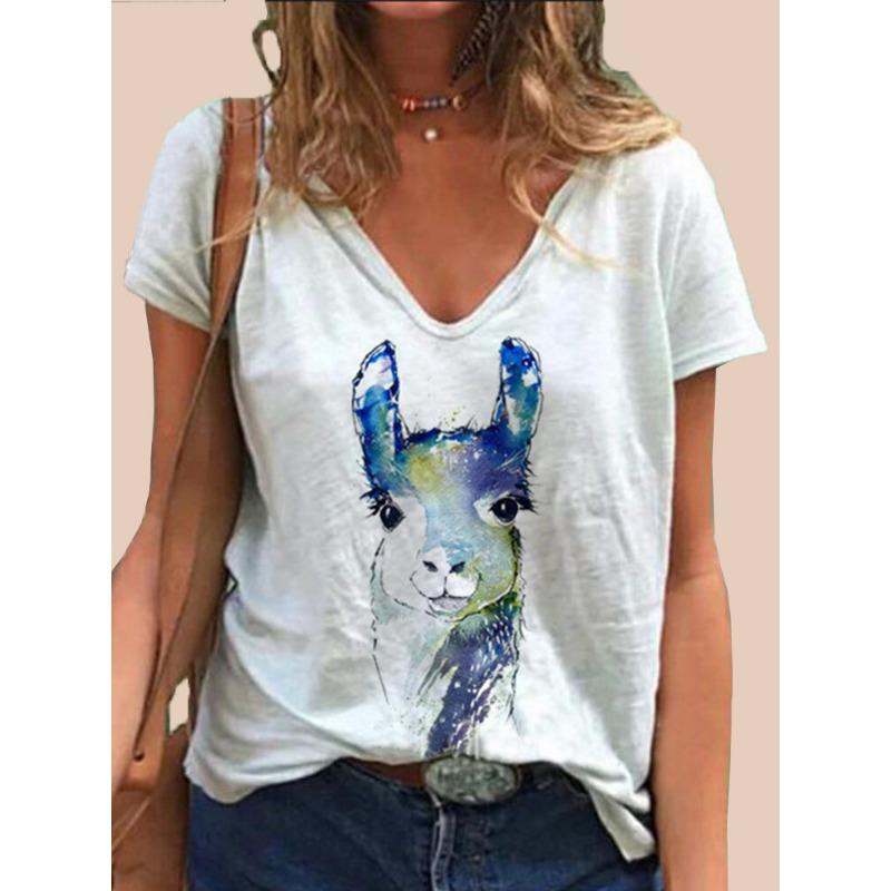Summer New Casual Daily Versatile Pattern Rabbit 3D Printed Short Sleeved V-neck T-shirt