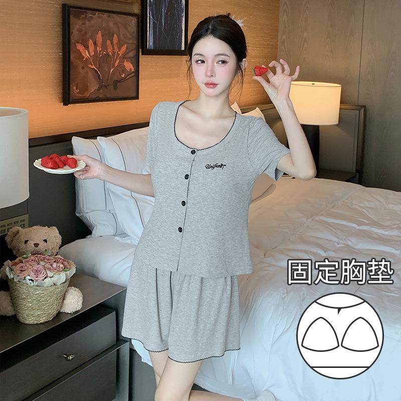 Summer new round neck short-sleeved shorts pajamas women's skin-friendly cool modal cotton suit loungewear women's chest pad