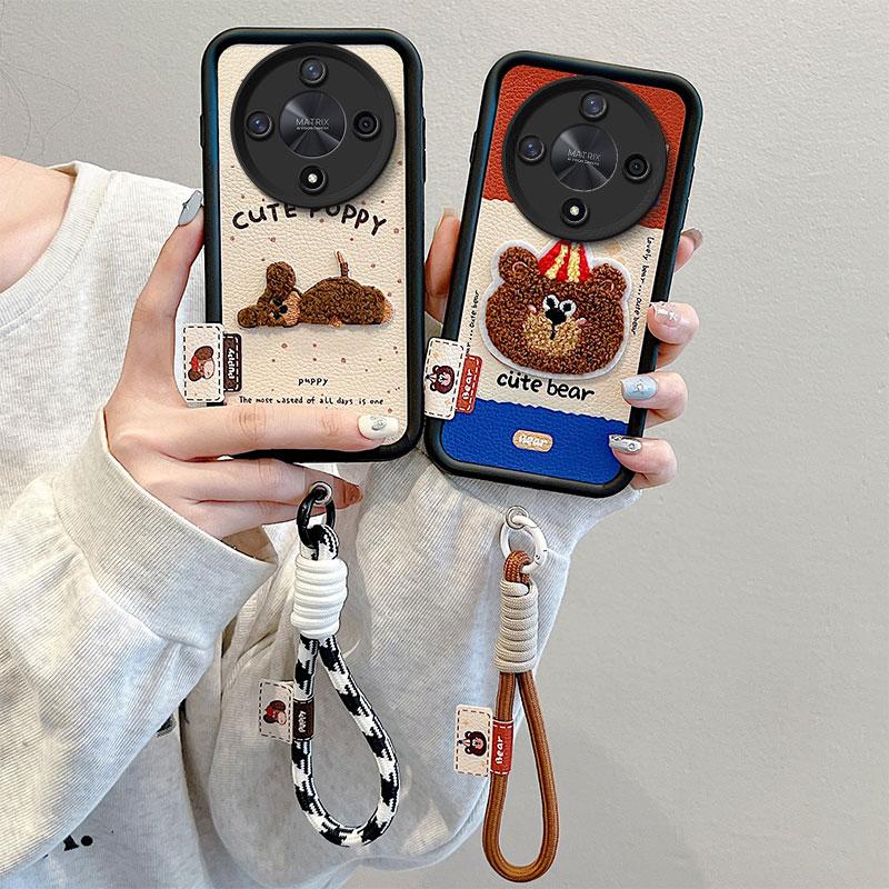 KEYSION Cartoon Cute Plush Embroidery Case for HONOR X9b 5G with Lanyard Shockproof Phone Back Cover for Huawei Magic 6 Lite 5G
