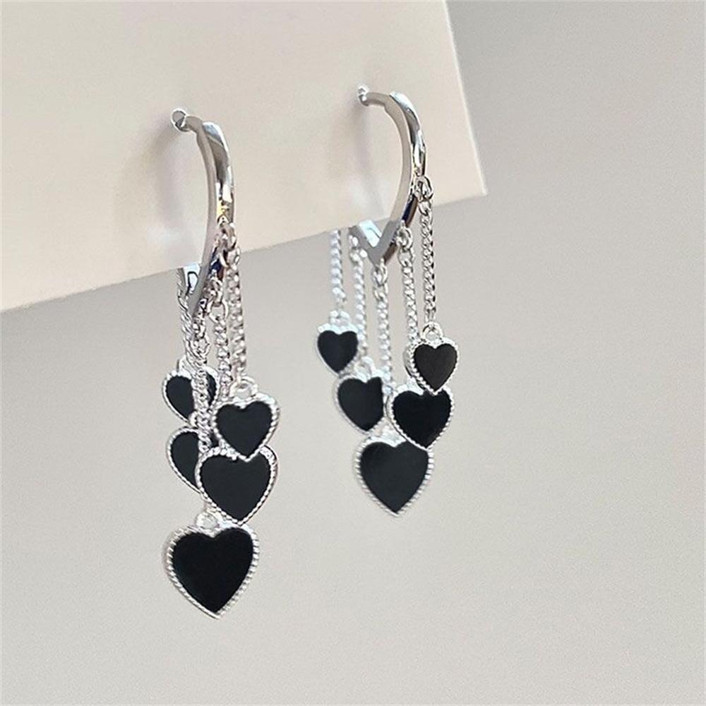 Koreaanse Zwarte Liefdeshart Kwastje Hangende Oorbellen voor Vrouw Asymmetrische Holle Olieverf Statement Oorbel Esthetische Feest Sieraden