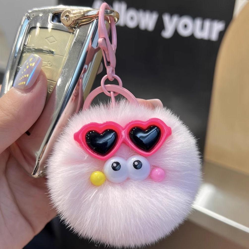 Luxury Faux Mink Rabbit Fur Keychain - Cute Plush Bag Charm Heart-shaped Glasses Elf
