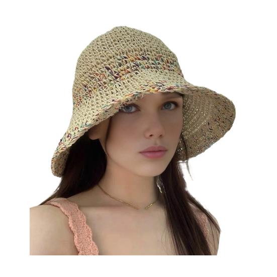 

Fisherman Hat Rainbow Mixed Color Handmade Straw Hollow Breathable Full Face Sun Protection Large Brim Hat Foldable Portable Vacation Hat бежевый