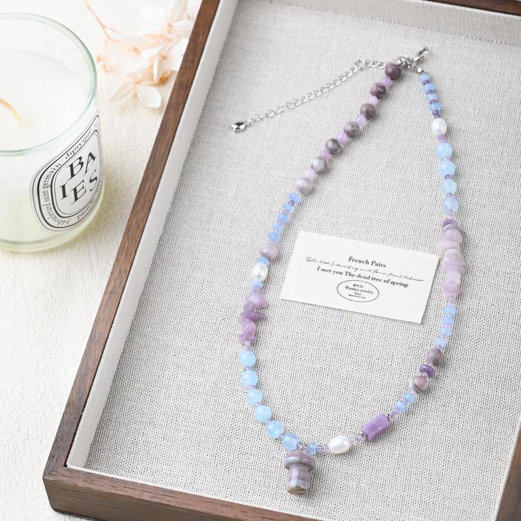 Pendentif Champignon en Lépidolite Pierre Naturelle Taro Lavande Chaîne de Clavicule - Style Jardin Monet Coréen