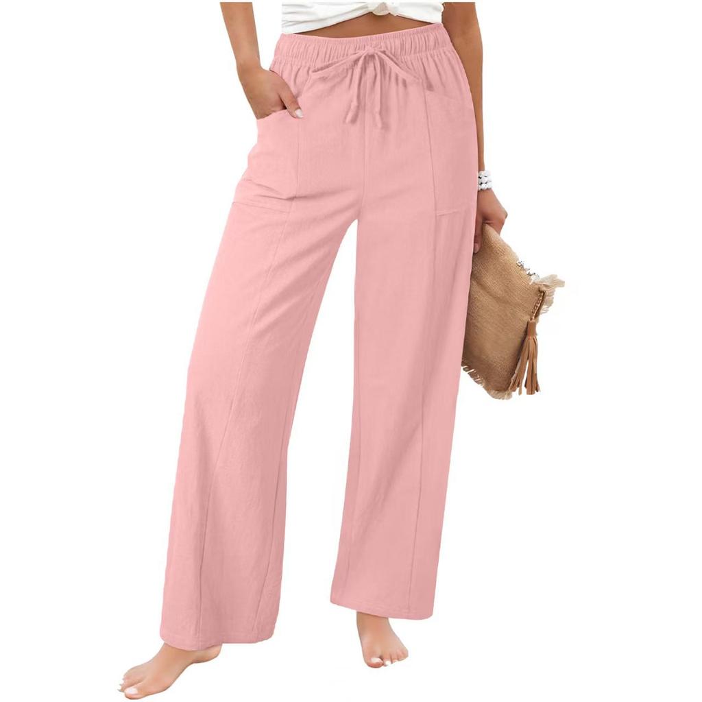 Women's Linen Cotton Drawstring Elastic Waist Wide Leg Pants Casual Loose Straight Leg Trousers with Pockets for Summer