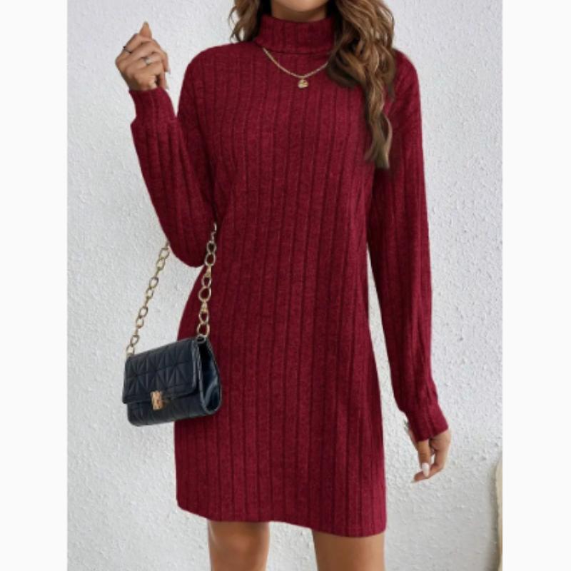 Fashion Elegant Fall Winter High Neck Drop Shoulder Ribbed Dress