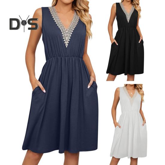 Damen Sommerkleid V-Ausschnitt Ärmellos Midikleider mit Taschen Lässiges Boho Strandurlaub Sommerkleider