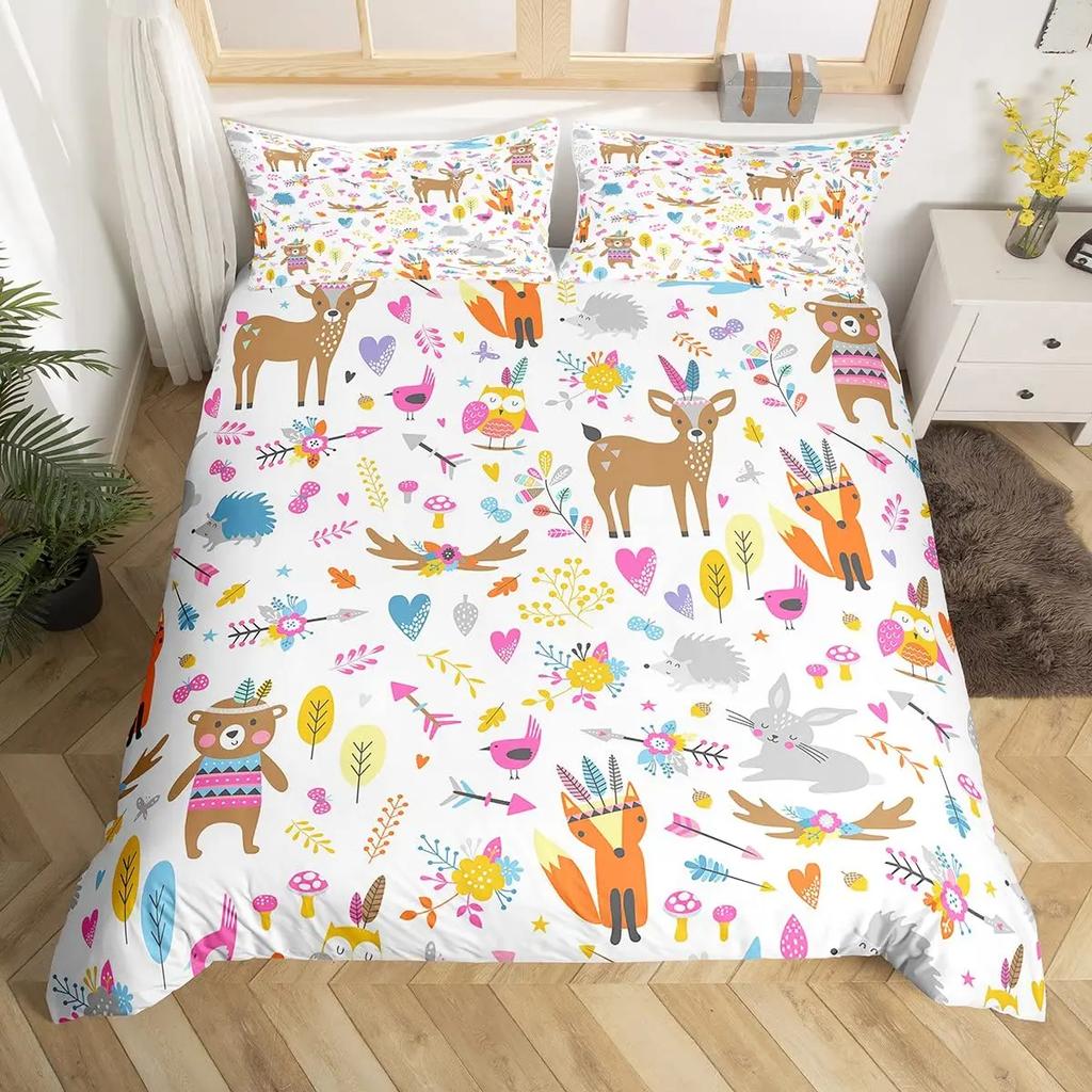 Comforter Cute Forest Animals Theme S King Size Fox Deer Rabbit Owl Hedgehog Flowers Comforter Set 2/3Pcs Bedding Set