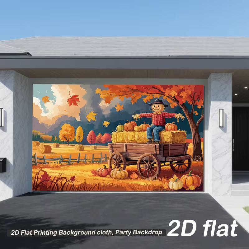 2D Fall Scarecrow and Pumpkin Cart Photography Backdrop Background