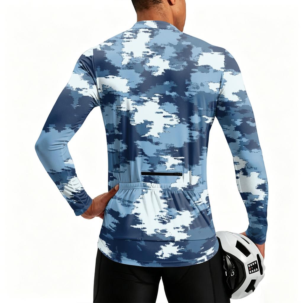 Men’s Crew Neck Printed Zip Breathable Quick Dry Long Sleeve Cycling Jersey with Digital Camouflage Pattern for Outdoor Sports Activities