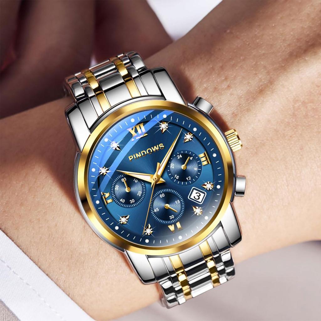 PINDOWS Luxury Quartz Chronograph Watch with Date Large Waterproof Business Stainless Steel Luminous Diamond Accents Men's Display, Dial, Watch, Band,