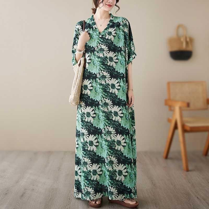 V-neck Thin Plus Size Loose Vintage Cover-up Long Dress
