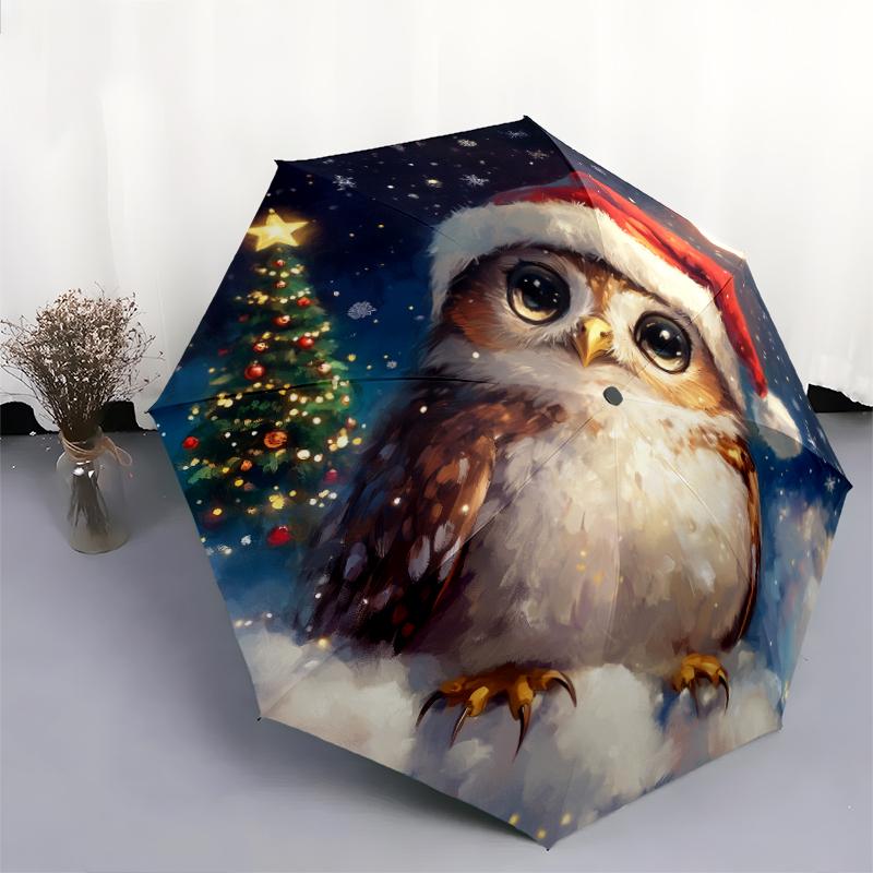 Motivo Gufo e Neve, ombrello pieghevole automatico, design portatile e pieghevole, 8 stecche, un regalo di Natale o di compleanno.