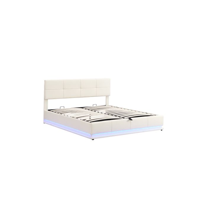 Lit - MUVOE - 180x200 cm - Éclairage LED - Rangement hydraulique - Beige