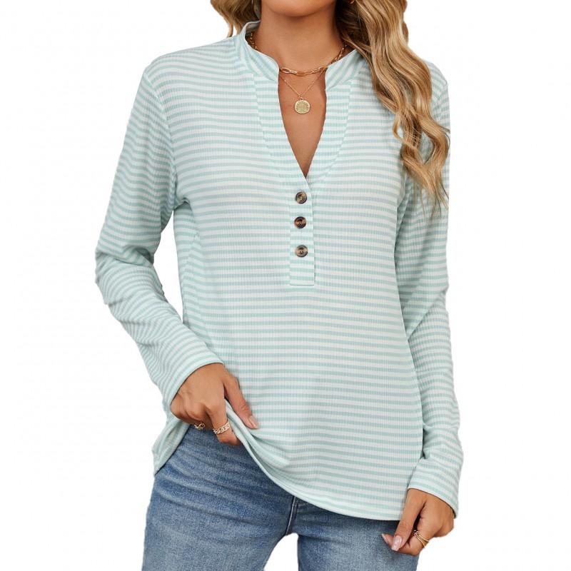 Womens V-Neck Button-Down Striped Loose Long Sleeve T-Shirt Cotton-Polyester Blend Casual Top Winter