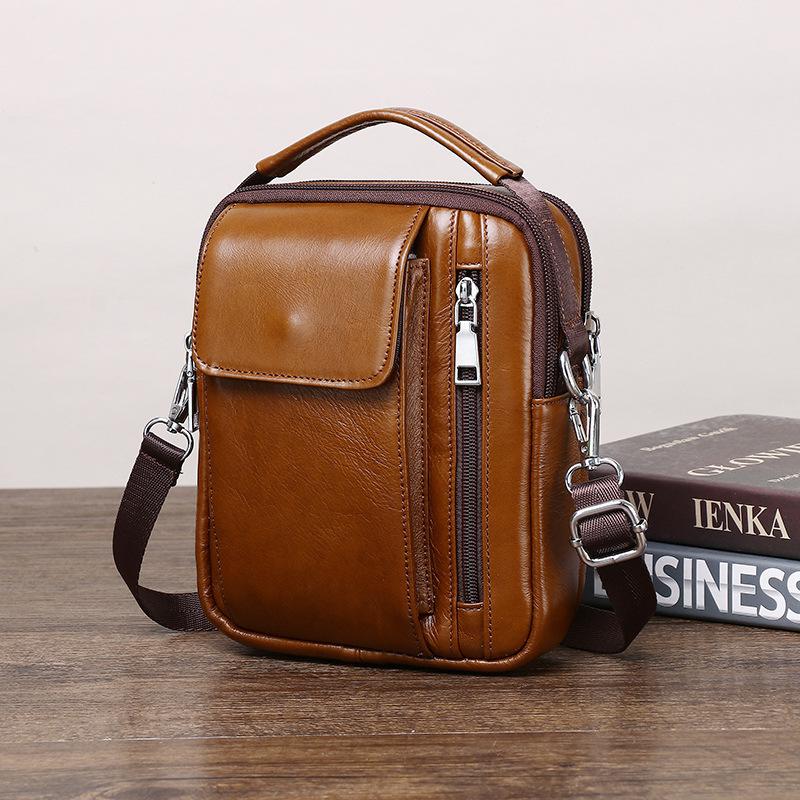 

Leather Men S Mobile Phone Small Satchel Casual Cowhide Shoulder Bag Versatile Messenger Bag Multi-Functional Portable Small Backpack