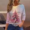 Women's Fashionable Casual Three Quarter Sleeve Christmas Printed Round Neck Top