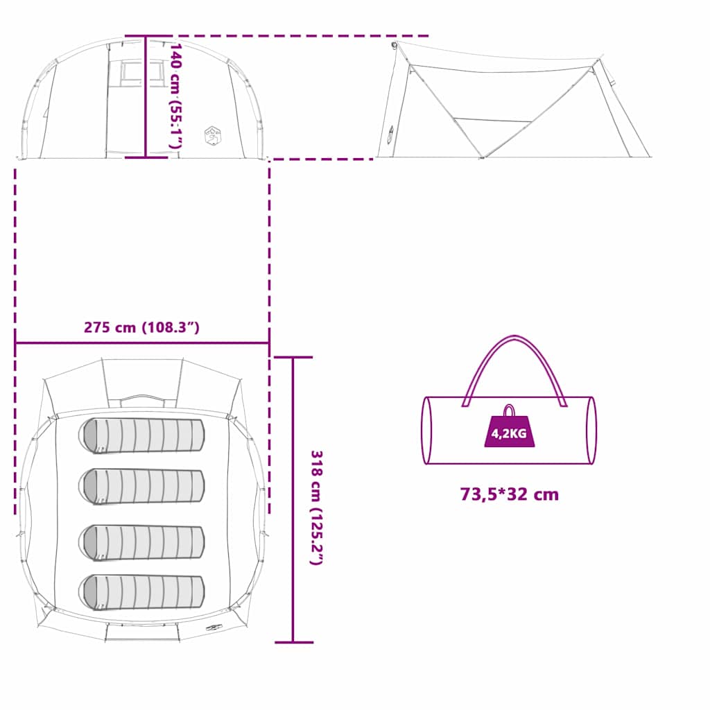 Tunnel Tent for 4 Persons with Roof in Blue and Grey 318 x 275 x 140 cm
