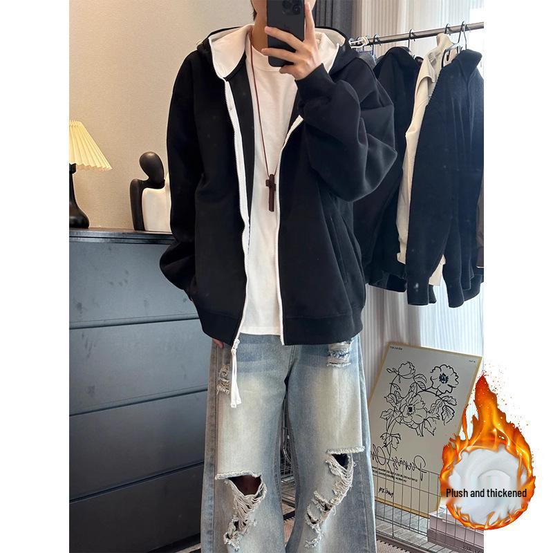 

Men s Heather Grey Color Block Hooded Sweatshirt Cardigan, Plus Velvet Heavyweight Jacket, Autumn/Winter Stiff Jacket for Couples. 2XL чорний