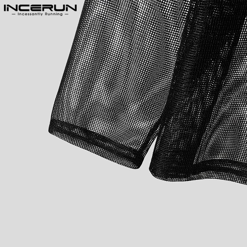 INCERUN Men Long Sleeve Mesh See Through Hollow Out Zipper Beach Shirts Tops