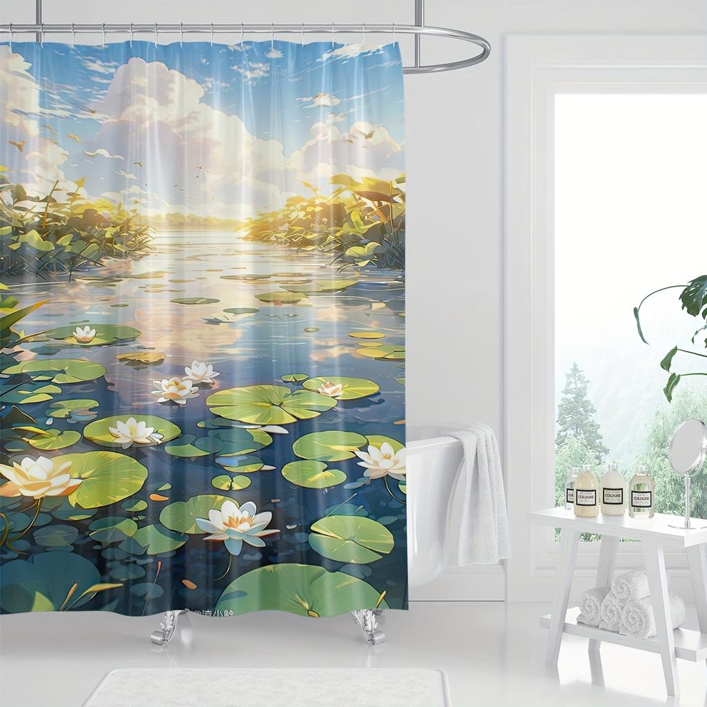 Modern Fresh Green Botanical Shower Curtain - Digital Print, Waterproof, Serene Lotus Pond Design, Fashion Bathroom Decor