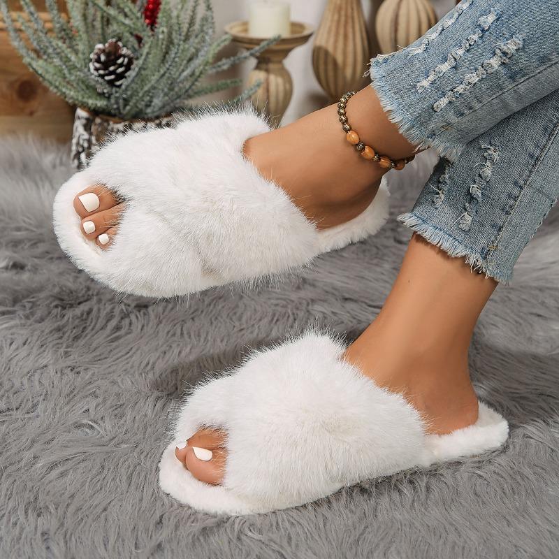 2024 New Winter High Quality Women's Shoes Fashionable Solid Color Open Toe Low Heel Home Suede Comfortable Women's Slippers
