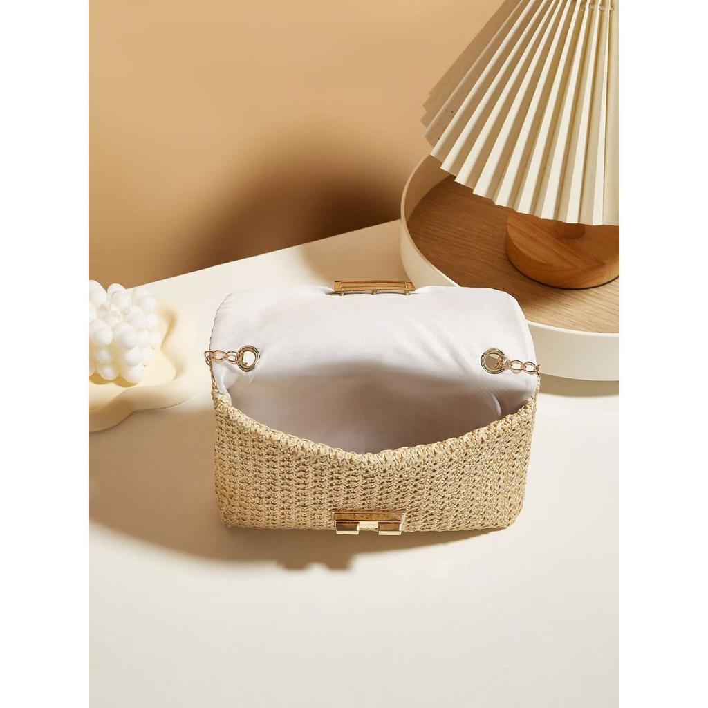 Sweet Style, Straw Weaving, Chains, Single-shoulder Bags, Crossbody Bags, Summer, Double-lock, Ladies, Handbag Bags