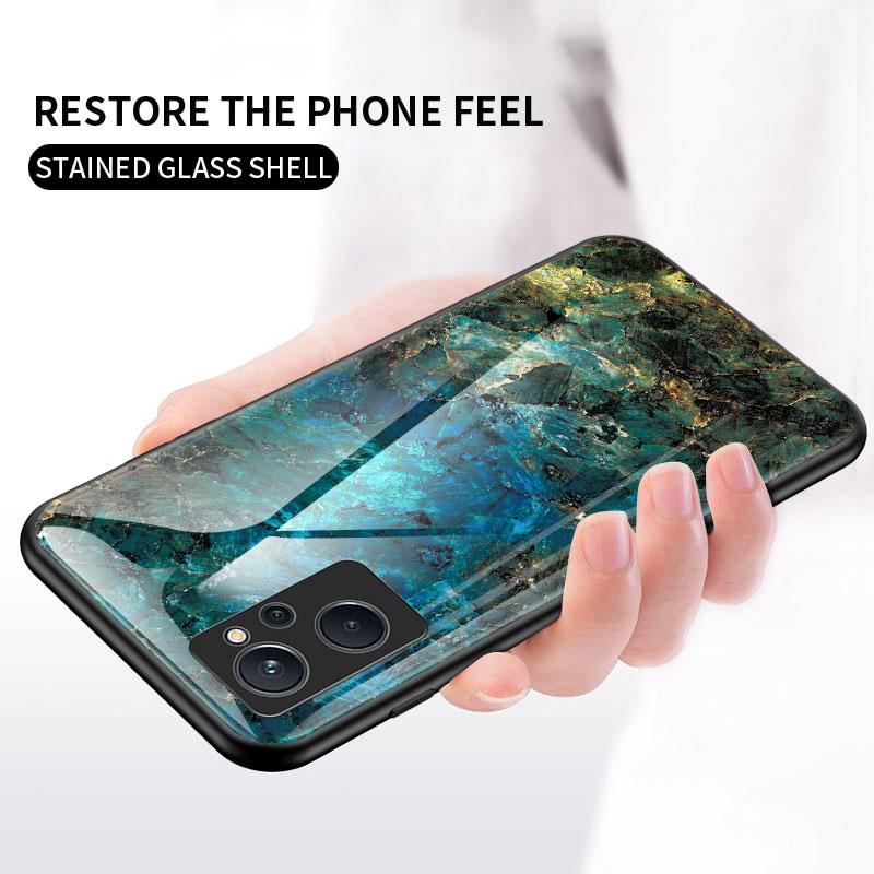 

For Realme 9i Tempered Glass+PC Back Cover TPU Bumper Marble Pattern Stylish Cell Phone Case Black Marble