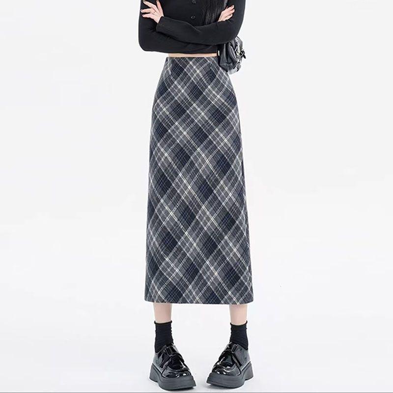 2025 Spring/Autumn High Waist Slit A-line Wool Plaid Midi Skirt for Women