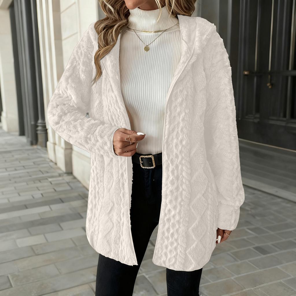 Damen Modischer Einfarbiger Langärmliger Lockerer Kapuzen-Cardigan Plüschjacke