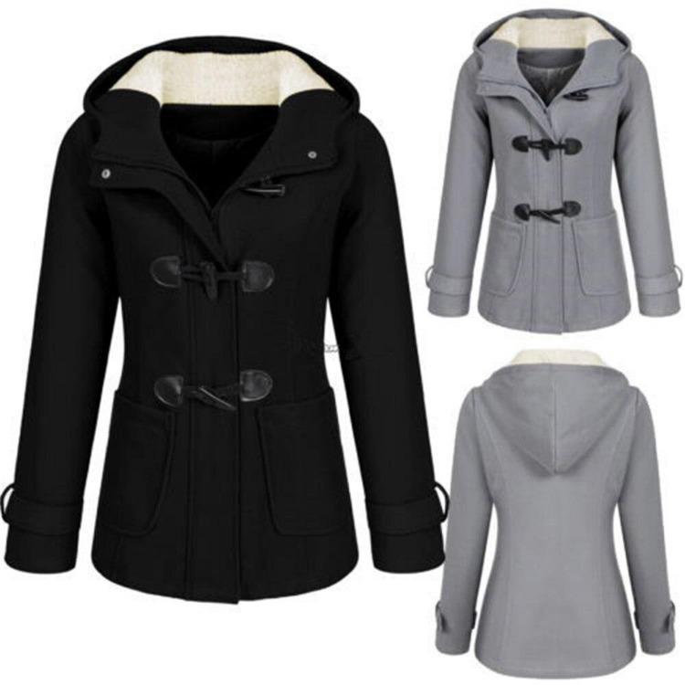 Manteau d'hiver chaud à capuche en polaire Automne Femme Élégant Long Mince Vestes Manteau Vêtements d'extérieur Boutons en corne Poches Mode Décontracté
