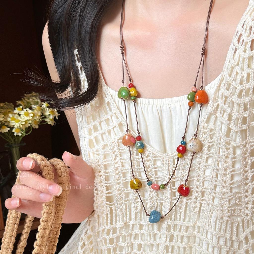 Women Multicolor Dopamine Ceramic Heart Beaded Double Layer Long Sweater Chain Necklace