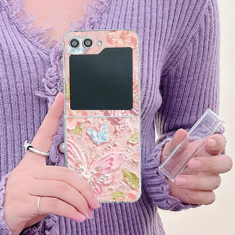 For Samsung Galaxy Z Flip6 Flip5 Flip4 Flip3 Shockproof Colorful Oil Painting Butterfly Patterned 3PCS Foldable Hard Pc Case Cover