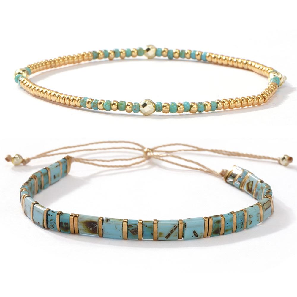 Bohemian Stacked Tila Bracelet Men's and Women's Retro Blue-Green Beaded Gold Chain Bracelet