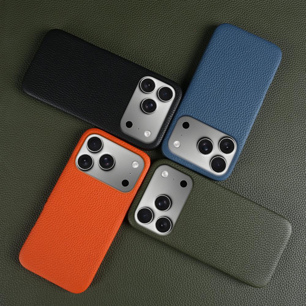 For iPhone 17 Pro Case Compatible with MagSafe Litchi Texture Genuine Cow Leather + PC Phone Cover