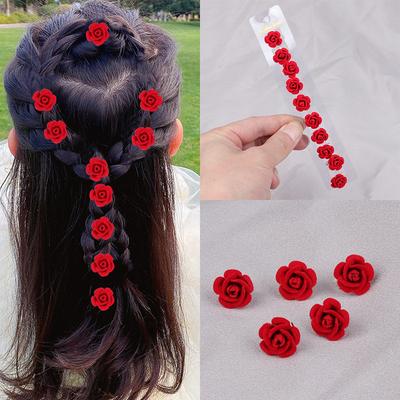 10 Stück Rote Rose Blume Haarnadel Mädchen Zopf Frisur Bohnenclip Haarspange Braut Hochzeits Kopfschmuck Verzierung