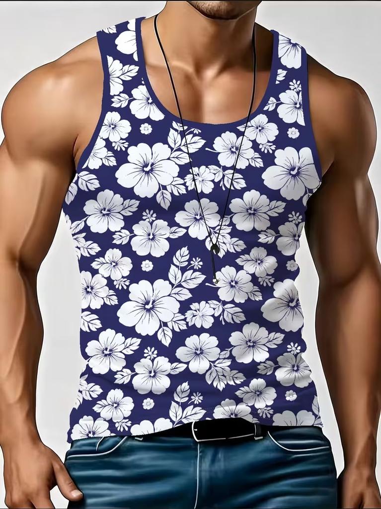 Men's Retro Floral 3D Printed Tank Top Summer Casual Streetwear Crew