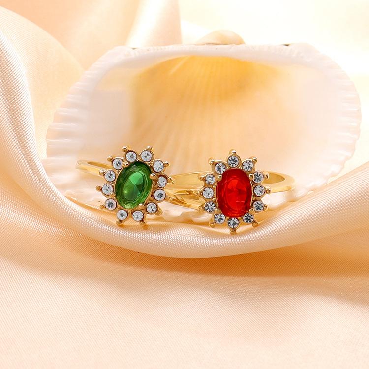 18K Gold Plated Double Layer Coarse Zircon Ring Stainless Steel Rimmed Oval Colored Zircon Ring for Woman