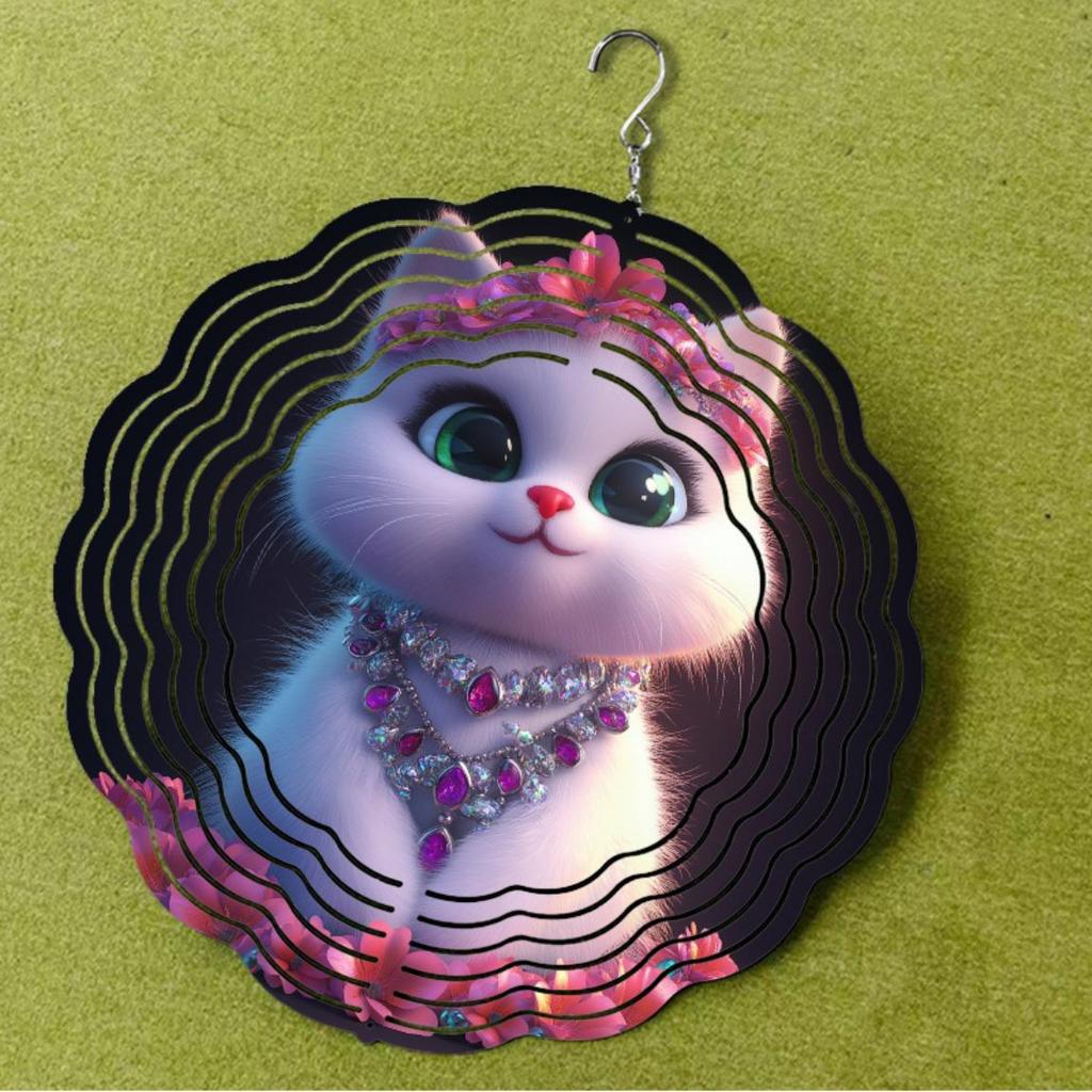 10 Inch Metal Wind Spinner with Cat Design and Pink Jewels 360 Rotating Hook for Outdoor Balcony Garden Lawn Decoration Spring Summer Fall