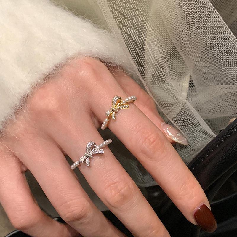 Exquisite French Zirconia Bow Pearl Open Ring - Stylish, High-End Design