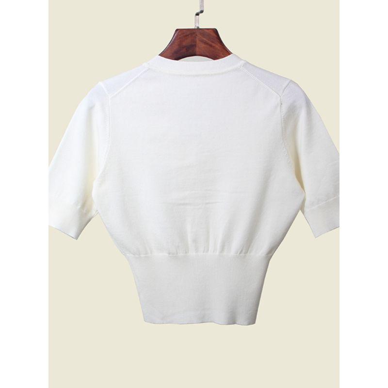 Normcore Elegance White Knitted Fabric Small Shirt Summer Ice Silk V Neck 5-Point Sleeve Waist-Tight Slimming Half Sleeve Cardigan