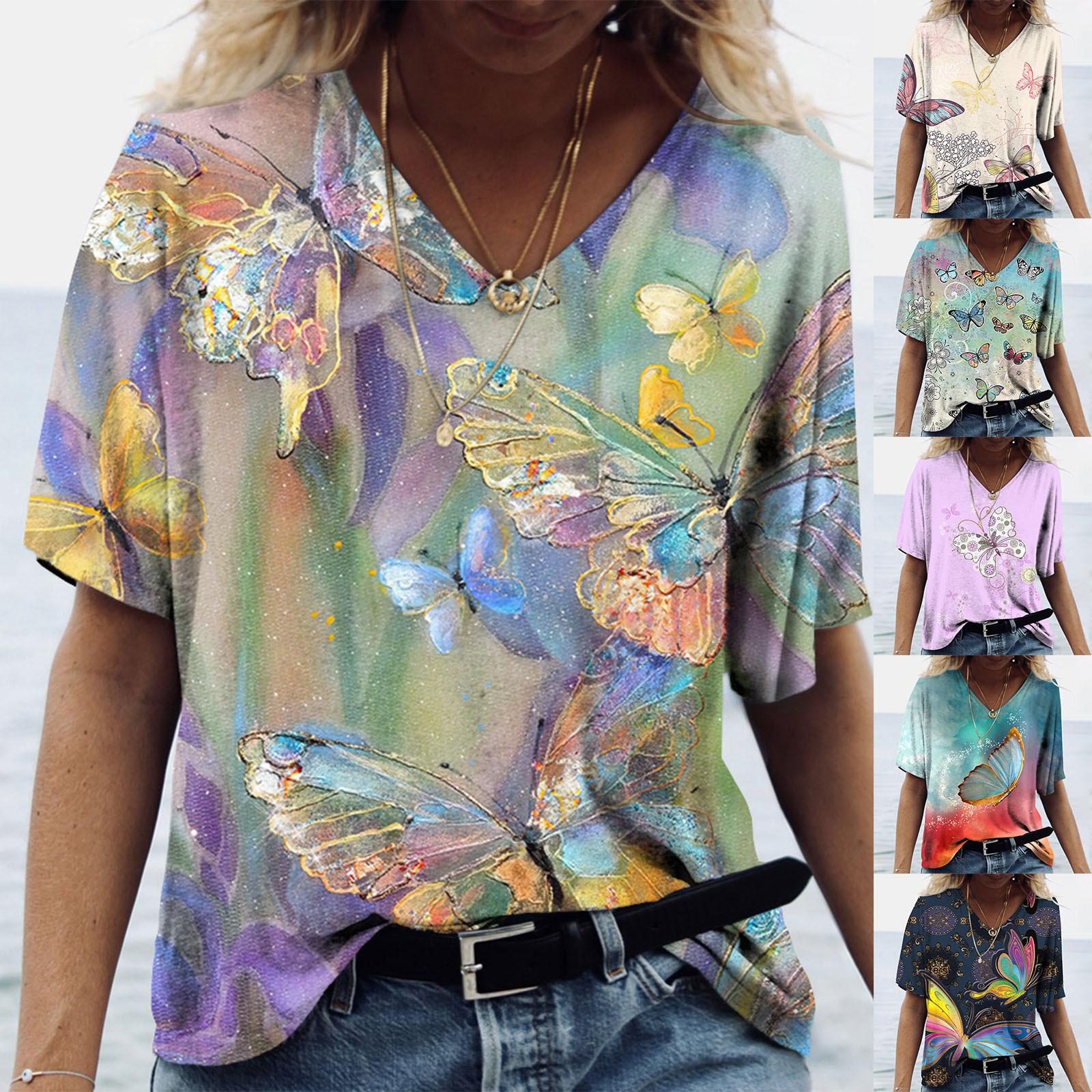 

Женская мода Повседневная принтовая V-образный вырез с коротким рукавом Верхняя блузка