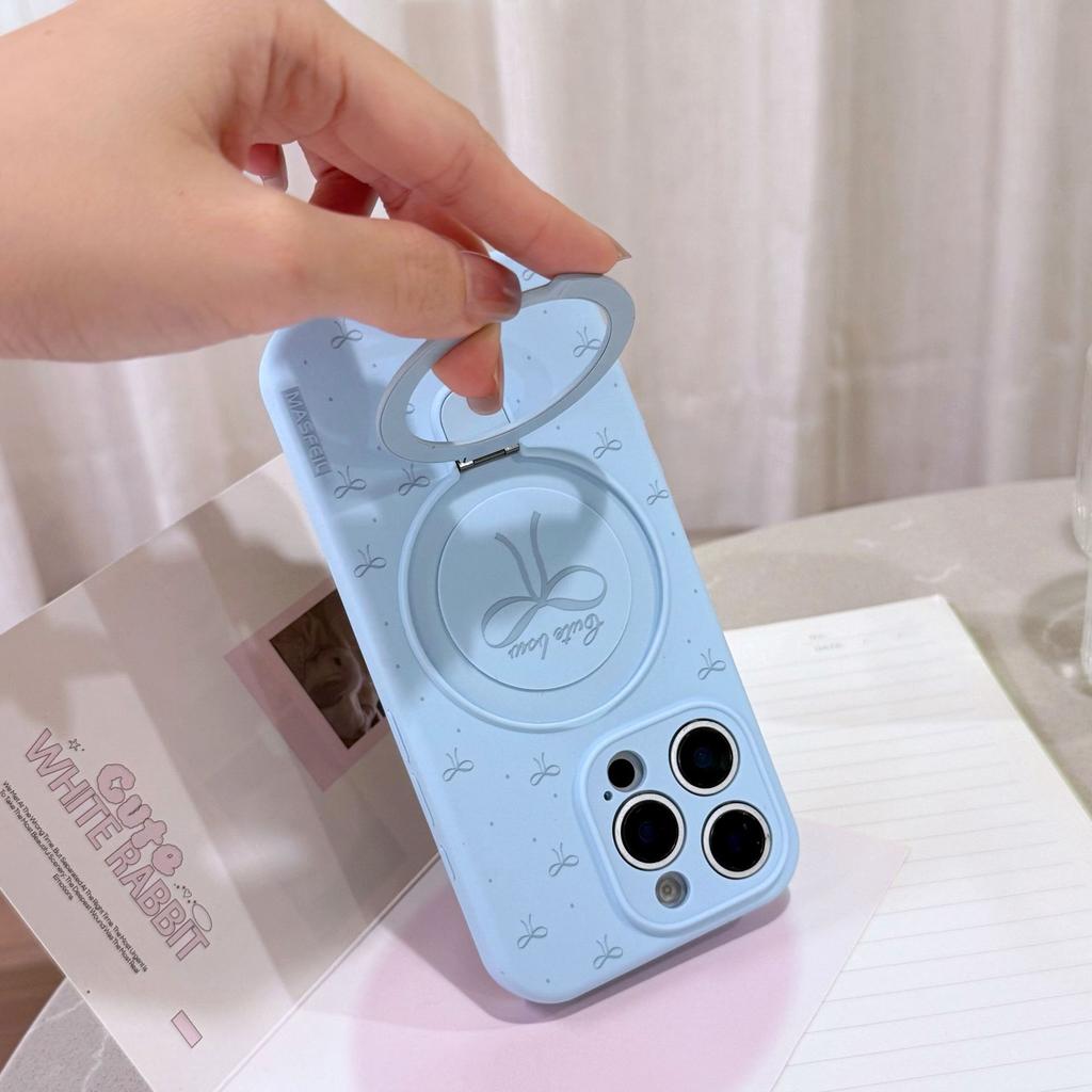 MagSafe Bowknot Silicone Phone Case with Ring Holder, Cute Macaron Color Kickstand Cover for iPhone