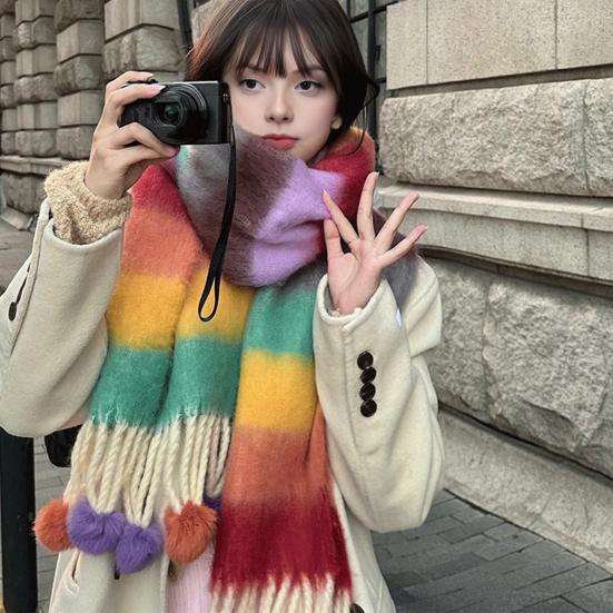 Women Scarf Rainbow Color Striped Scarf with Plush Balls Tassel Winter Thickened Warm Couple Scarf Versatile Wear