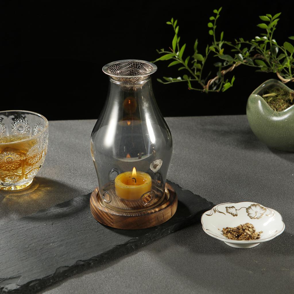 Glass Candle Holder Candle Heating Holder with Wooden Base Aromatherapy Incense Burner for Yoga SPA Aromatherapy