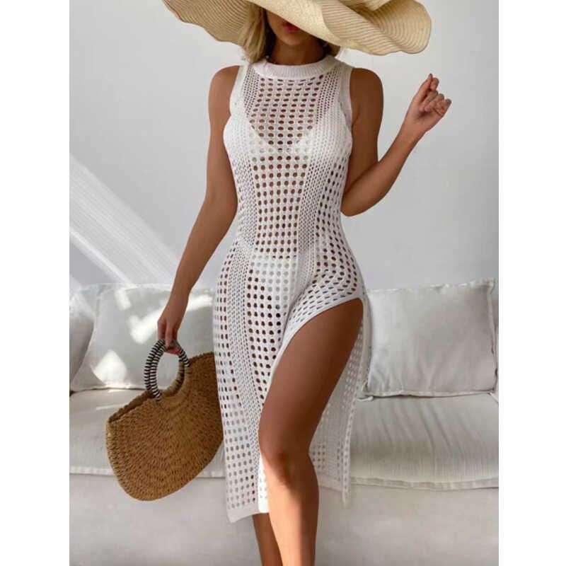 

Летний вязаный жилет с вырезами, модное бандажное платье, длинное платье для побережья, круглый вырез, пляжная одежда, блузка с разрезом, без рукавов White One size