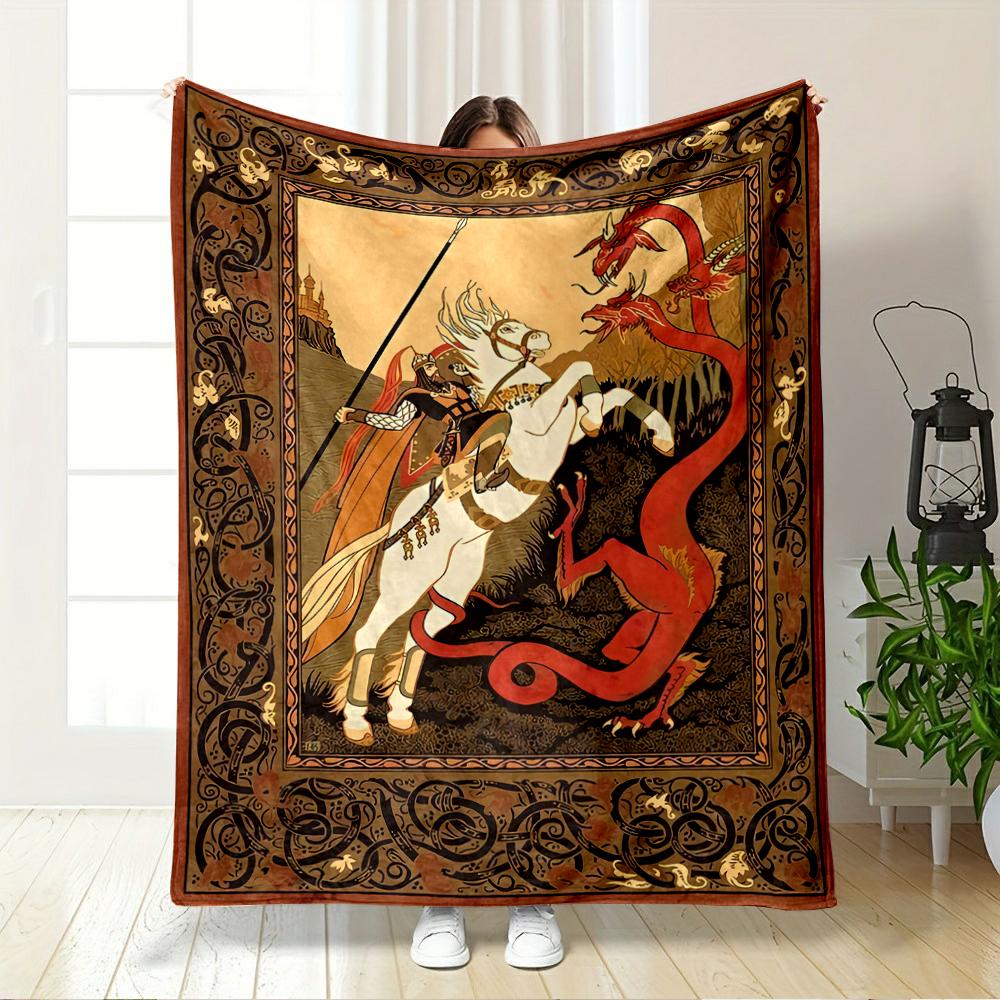 Knight Battling Dragon in Medieval Art Flannel blanket for bedroom, living room, sofa, and nap sofas.