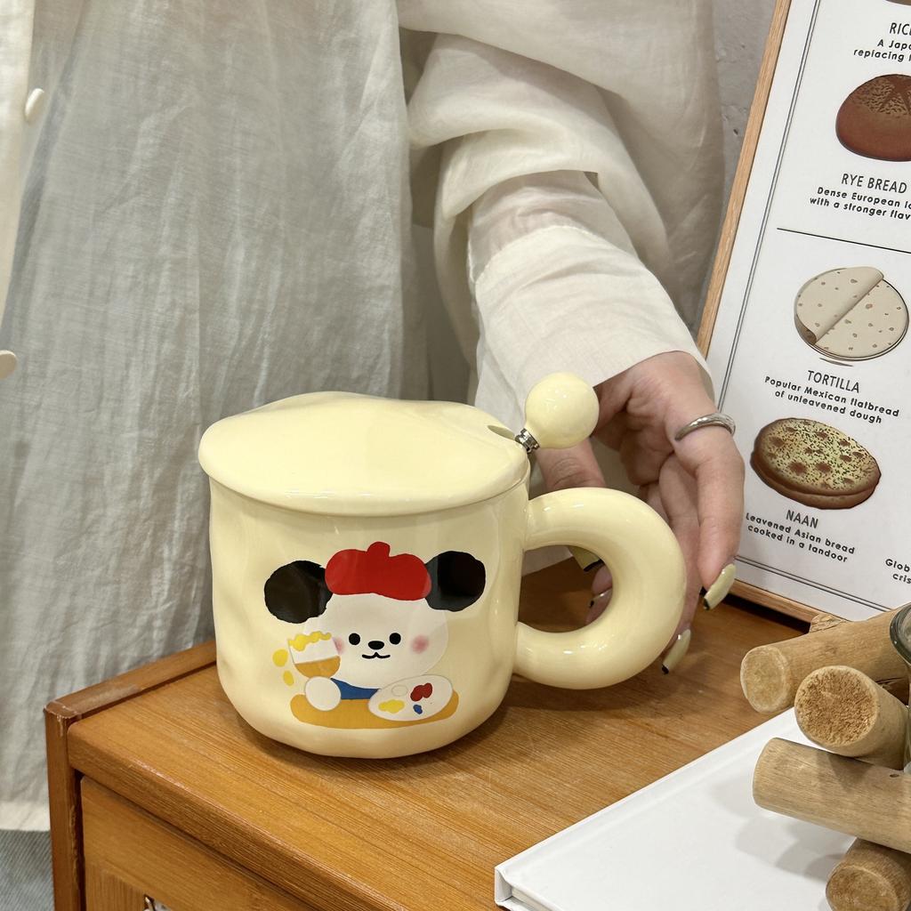 Mugg med lock och sked Söt liten björn Högvärdig vattenkopp Par Kreativ keramikmugg