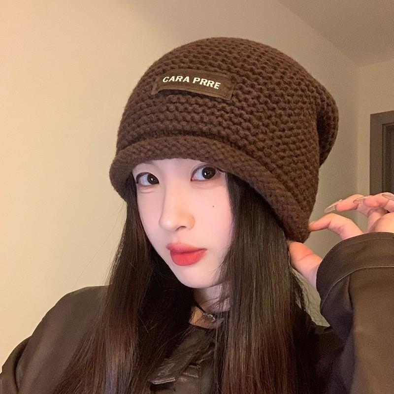 Big Head Circumference Drawstring Knitted Stacking Hat Women's Curled Edge Pullover Cold Hat Showing Face Small Bag Head Confinement Hat